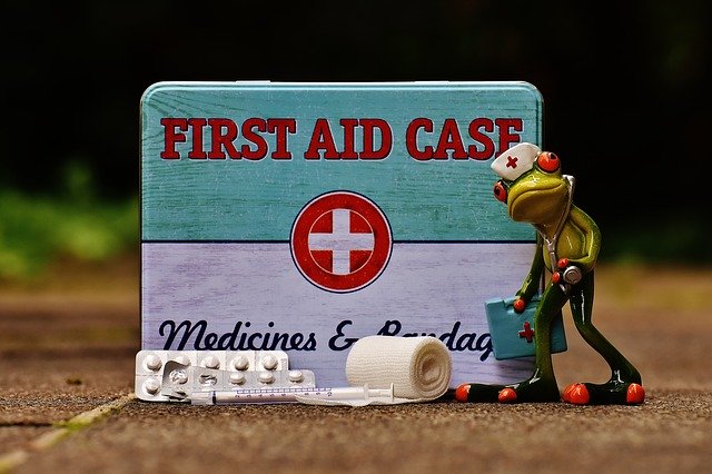 Aatmanirbhar essential - An comical frog nurse in front of a first aid kit, which has drugs and bandages